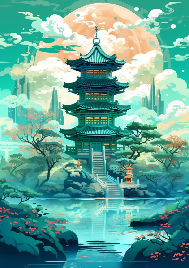 绿色手绘中国风亭台楼阁水榭背景,插画/手绘图,插画/手绘图库,插画/手绘图下载,插画/手绘